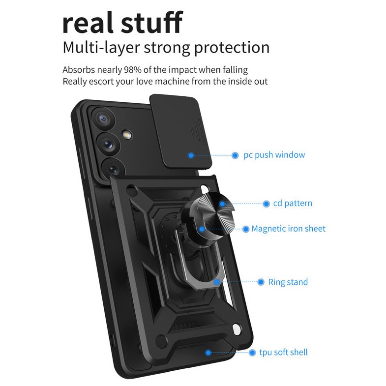 Husa telefon, pentru Samsung Galaxy S23 FE 5G, Capac de obiectiv al camerei glisante, inel rotativ 360°, Negru