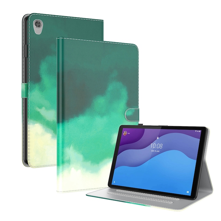 Husa tableta pentru Lenovo Tab M10 HD Gen 2 TB-X306X, TB-X306F, 10.1, model cu model cu voltaj si model cu apa, material textil cu piele PU, design orizontal magnetic cu elemente de finisare din piele, tehnologie flip, suport pentru tinere, culoare verde