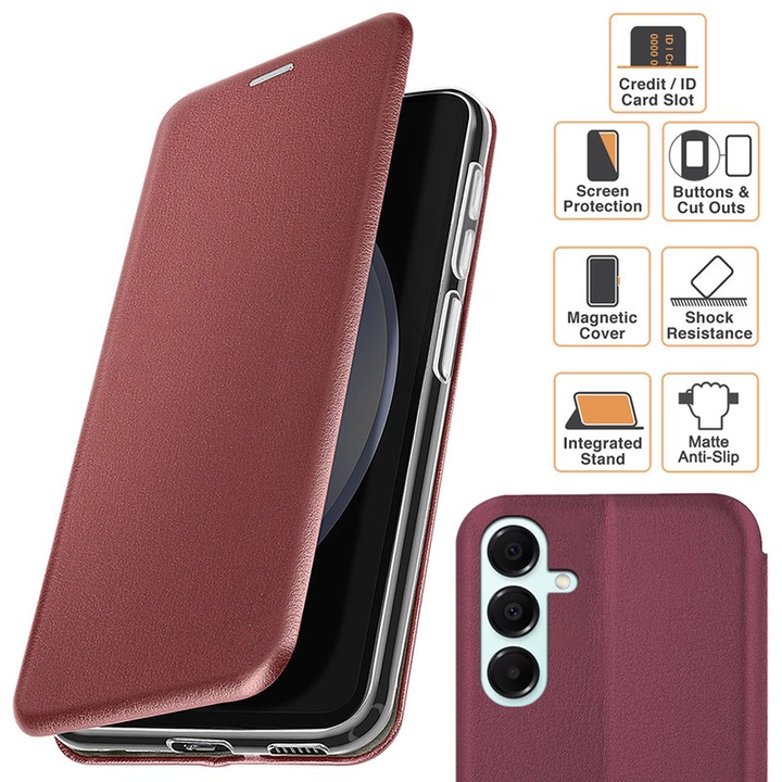 Husa pentru Samsung Galaxy A16 (A166), tip carte, inchidere Magnetica, buzunar Card, Functie Stand, Piele-Eco cu interior Microfibra, Flip Open, Bordo