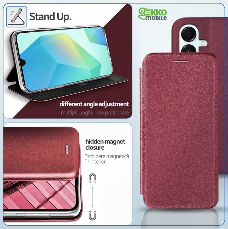 Husa pentru Samsung Galaxy A16 (A166), tip carte, inchidere Magnetica, buzunar Card, Functie Stand, Piele-Eco cu interior Microfibra, Flip Open, Bordo