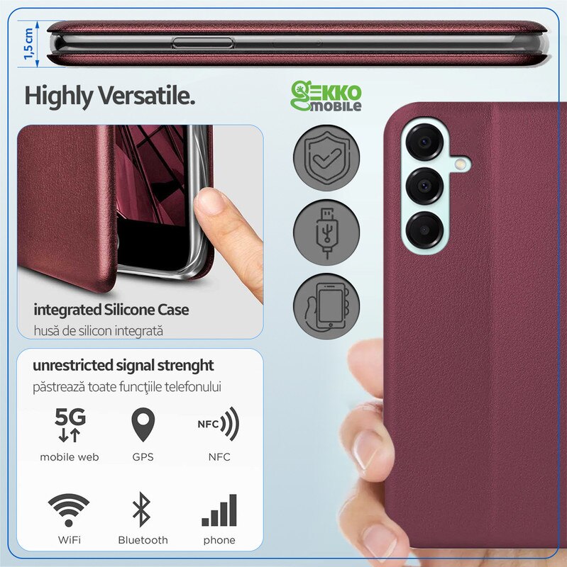 Husa pentru Samsung Galaxy A16 (A166), tip carte, inchidere Magnetica, buzunar Card, Functie Stand, Piele-Eco cu interior Microfibra, Flip Open, Bordo