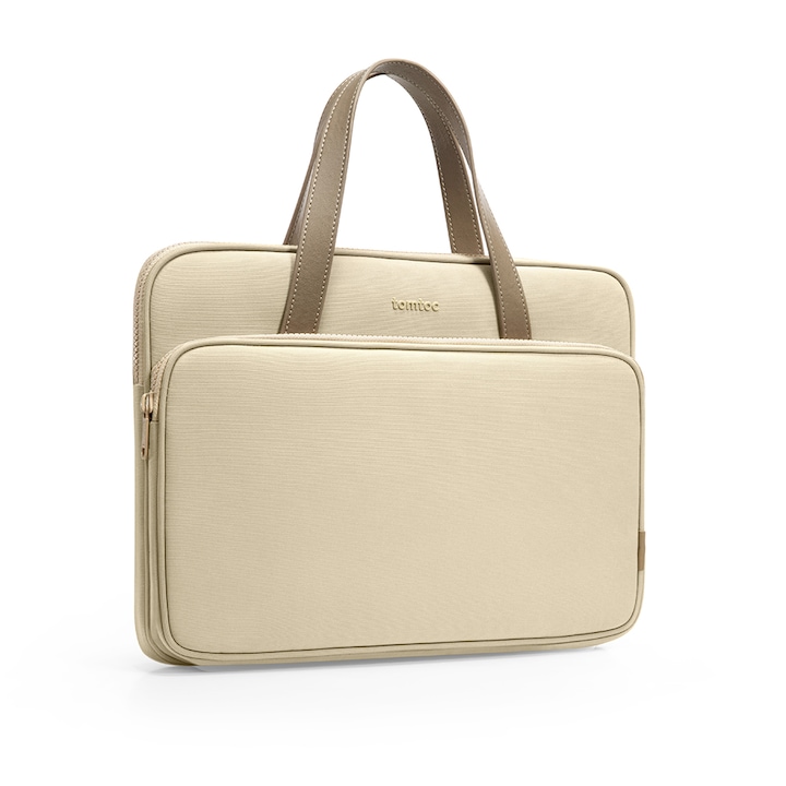 Geanta pentru laptop Tomtoc, waterproof, intarita la colturi, protectie 360°, diagonala maxima 14", piele ecologica, Crem