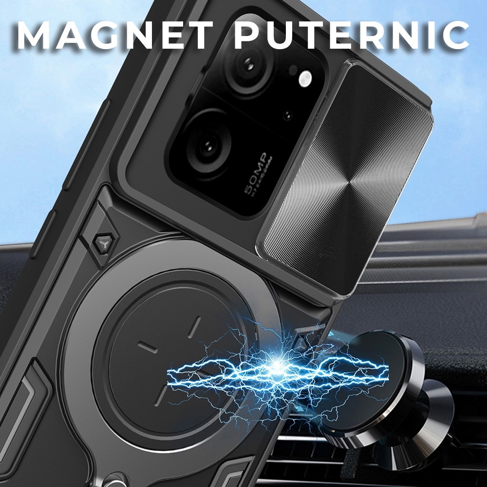Husa pentru Xiaomi 13T / 13T Pro, CamGuard Pro Kickstand, Slider Camera, Antisoc, Protectie Superioara, Negru