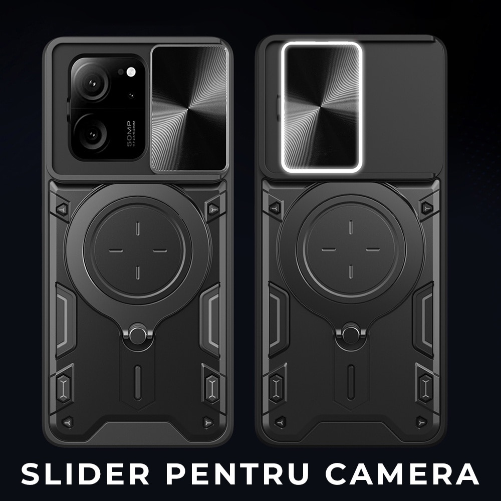 Husa pentru Xiaomi 13T / 13T Pro, CamGuard Pro Kickstand, Slider Camera, Antisoc, Protectie Superioara, Negru
