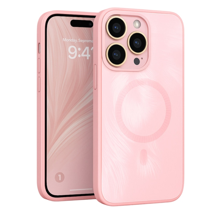 Husa de Protectie Pentru iPhone 14 MagSafe, Culoare Roz, lucios cu efect 3D tip Pana, design elegant si protectie completa inclusiv Lentile impotriva socurilor si zgarieturilor