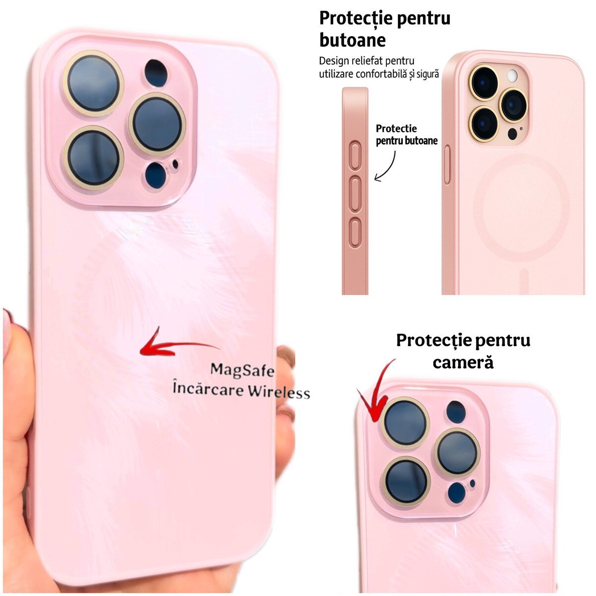 Husa de Protectie Pentru iPhone 14 MagSafe, Culoare Roz, lucios cu efect 3D tip Pana, design elegant si protectie completa inclusiv Lentile impotriva socurilor si zgarieturilor