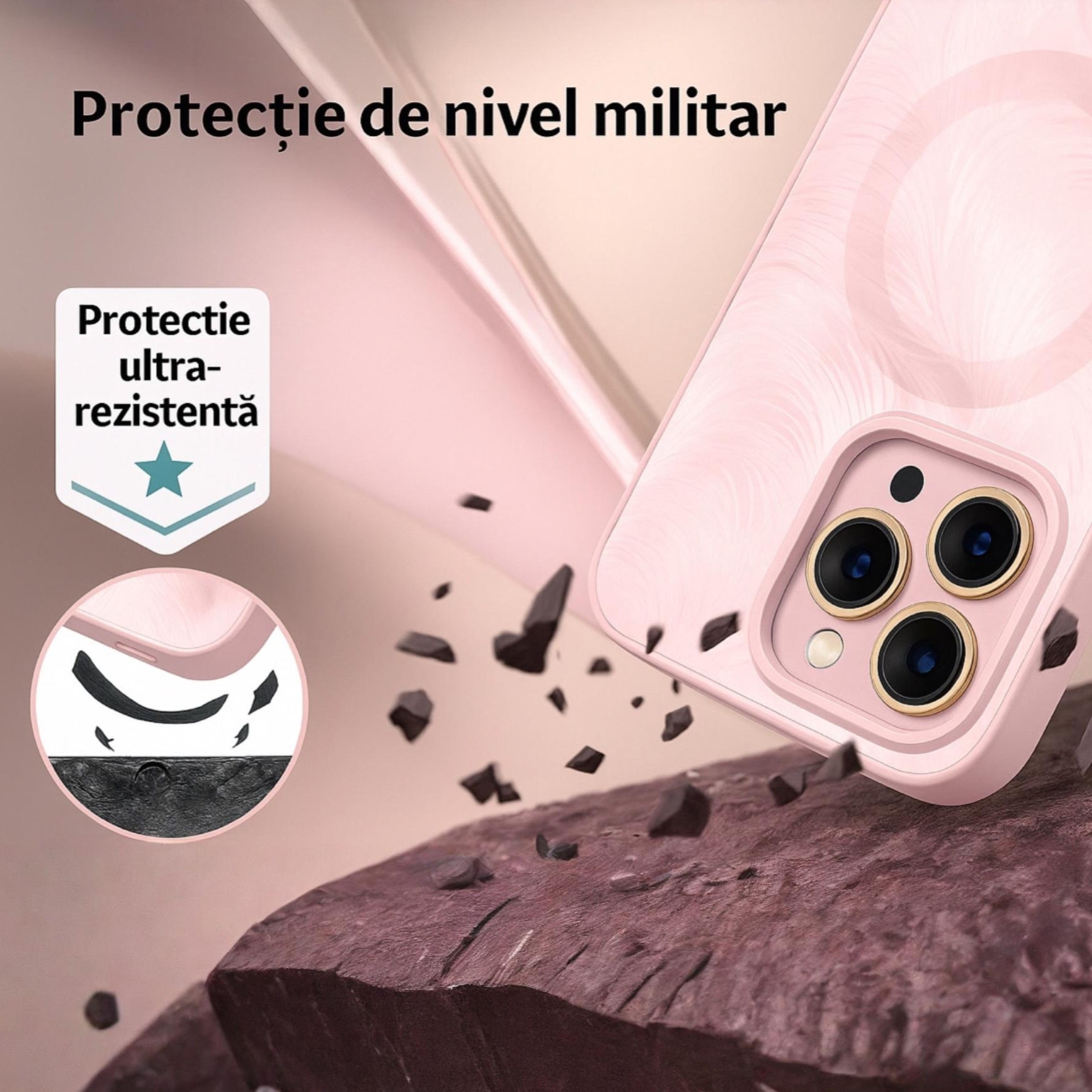 Husa de Protectie Pentru iPhone 14 MagSafe, Culoare Roz, lucios cu efect 3D tip Pana, design elegant si protectie completa inclusiv Lentile impotriva socurilor si zgarieturilor