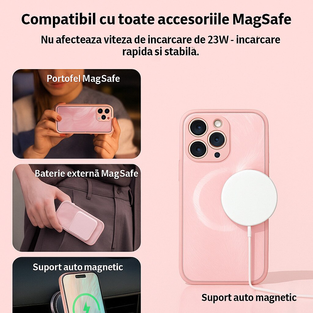 Husa de Protectie Pentru iPhone 14 MagSafe, Culoare Roz, lucios cu efect 3D tip Pana, design elegant si protectie completa inclusiv Lentile impotriva socurilor si zgarieturilor