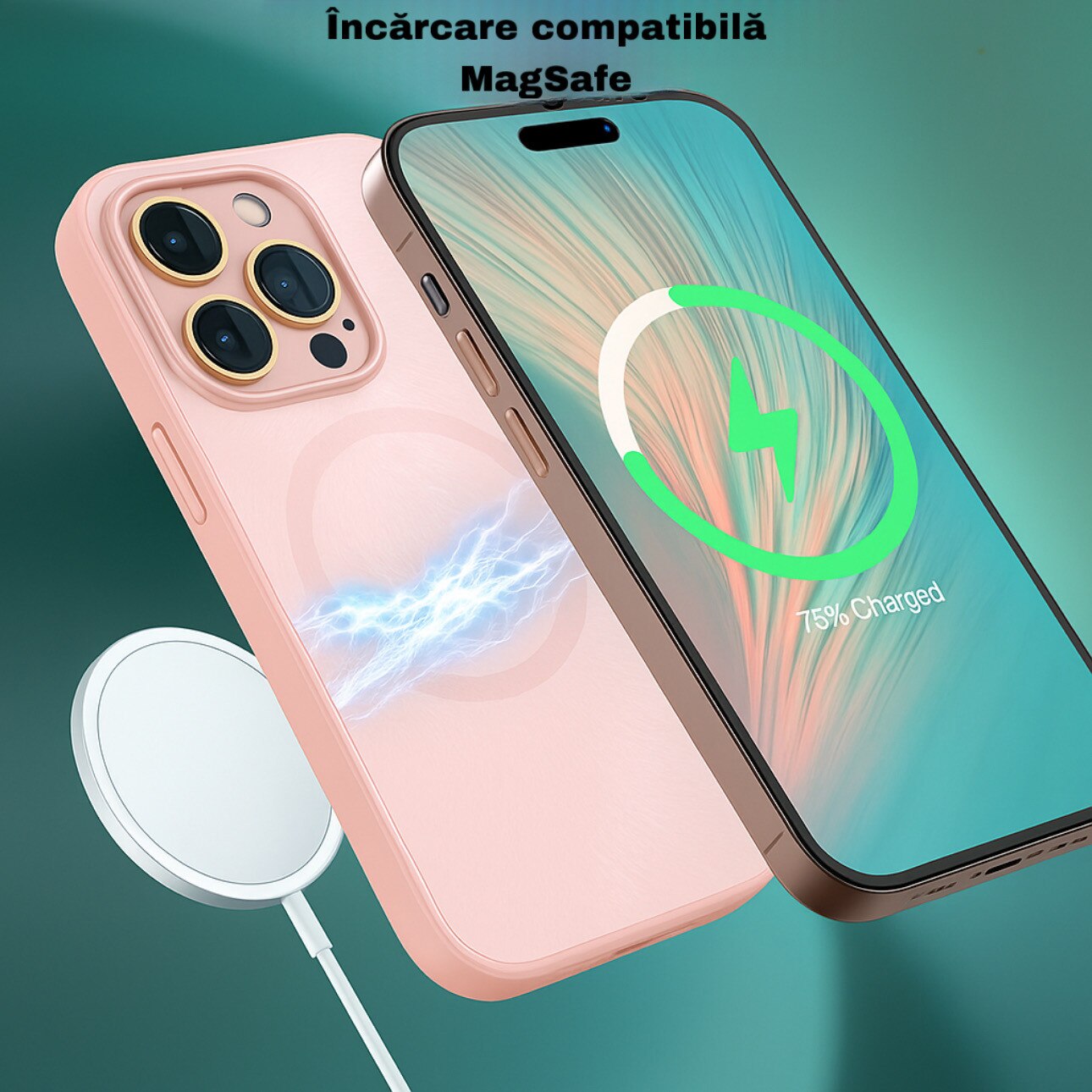 Husa de Protectie Pentru iPhone 14 MagSafe, Culoare Roz, lucios cu efect 3D tip Pana, design elegant si protectie completa inclusiv Lentile impotriva socurilor si zgarieturilor