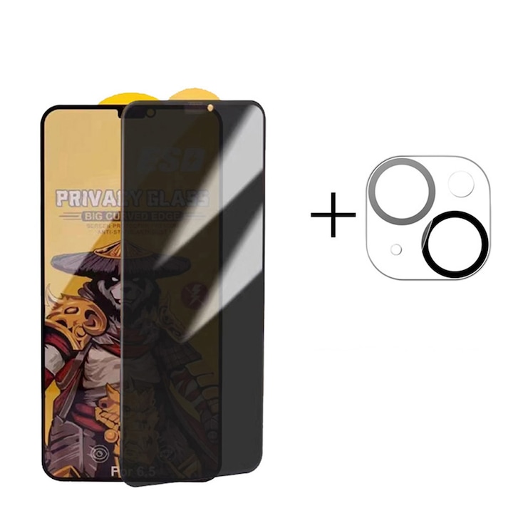 Set 2 folii privacy protectie telefon, Sticla securizata, Pentru ecran/camera, compatibil cu iPhone 15, acoperire completa