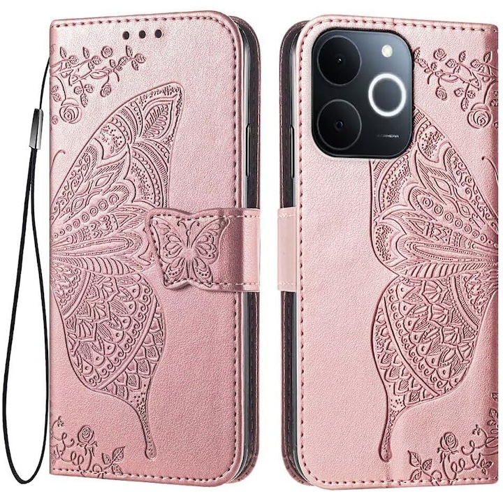 Husa telefon XGSM pentru Realme Note 70T 4G, Butterfly, roz gold, cu functie stand, din piele sintetica