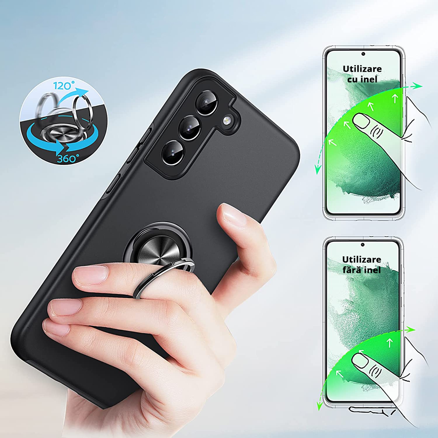 Husa pentru Samsung Galaxy S22 PLUS, inel rotativ 360° si Kickstand, Protectie Militara Antisoc, cu disipare termica, Negru