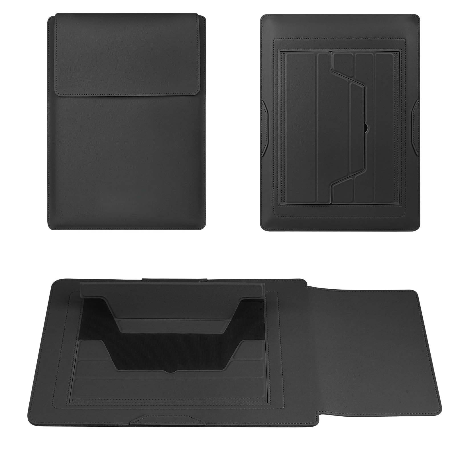 Husa Laptop 13-14 inch, oein®, 3 in 1 cu foldable stand, compatibila cu MacBook Air, MacBook Pro, Piele Ecologica, Marime Universala, 25 x 34 cm, Negru mat