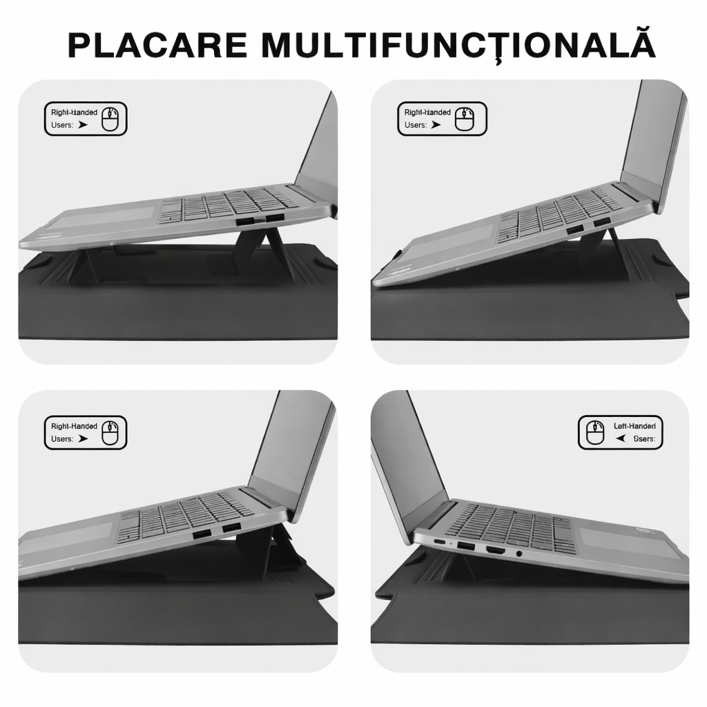 Husa Laptop 13-14 inch, oein®, 3 in 1 cu foldable stand, compatibila cu MacBook Air, MacBook Pro, Piele Ecologica, Marime Universala, 25 x 34 cm, Negru mat