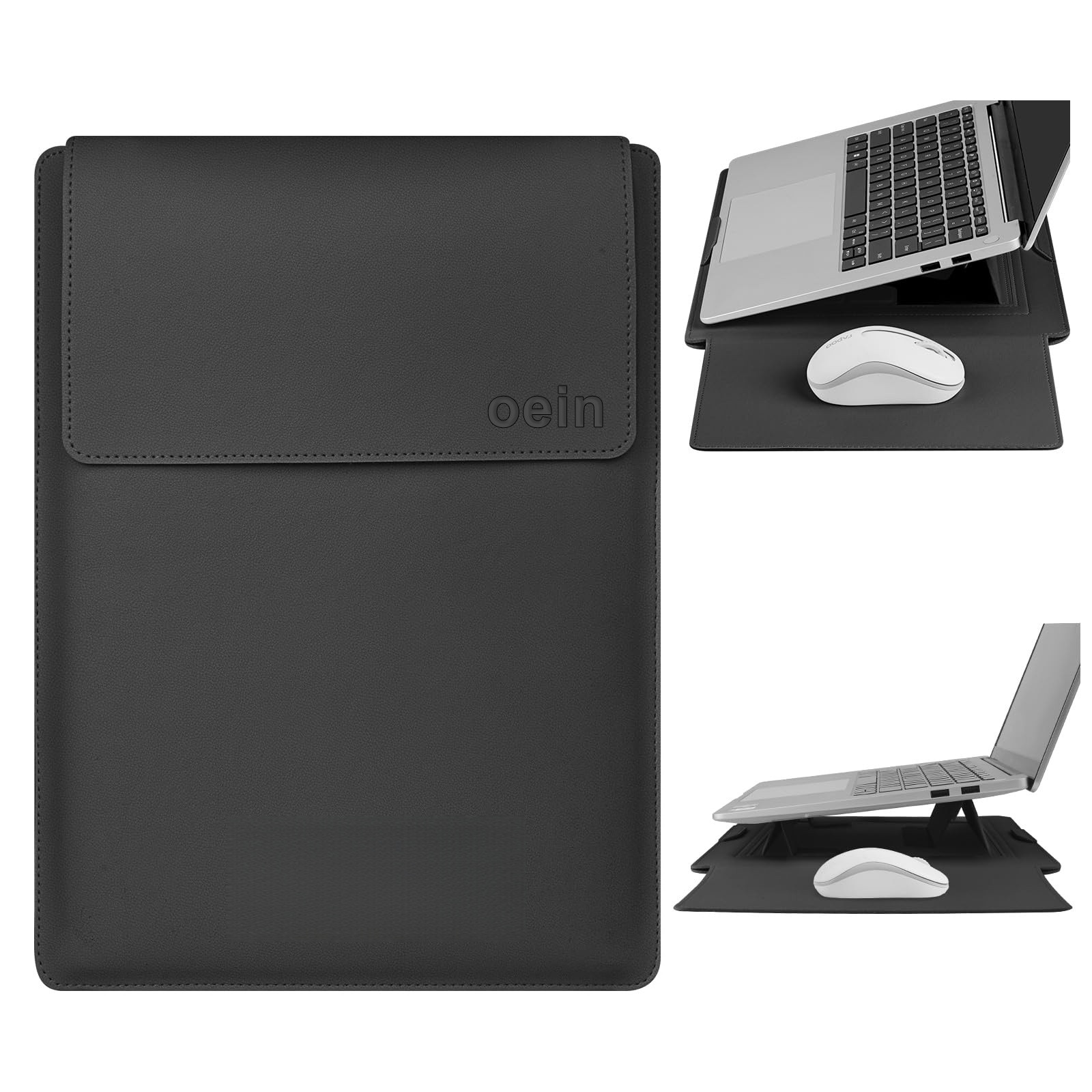 Husa Laptop 13-14 inch, oein®, 3 in 1 cu foldable stand, compatibila cu MacBook Air, MacBook Pro, Piele Ecologica, Marime Universala, 25 x 34 cm, Negru mat