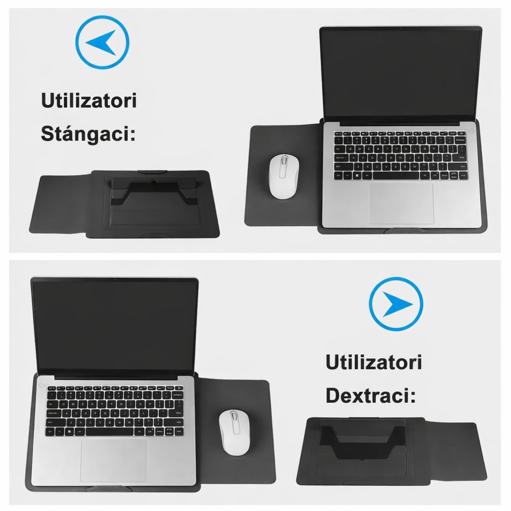 Husa Laptop 13-14 inch, oein®, 3 in 1 cu foldable stand, compatibila cu MacBook Air, MacBook Pro, Piele Ecologica, Marime Universala, 25 x 34 cm, Negru mat