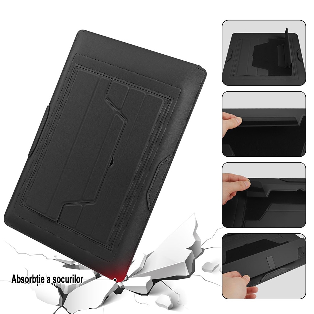 Husa Laptop 13-14 inch, oein®, 3 in 1 cu foldable stand, compatibila cu MacBook Air, MacBook Pro, Piele Ecologica, Marime Universala, 25 x 34 cm, Negru mat
