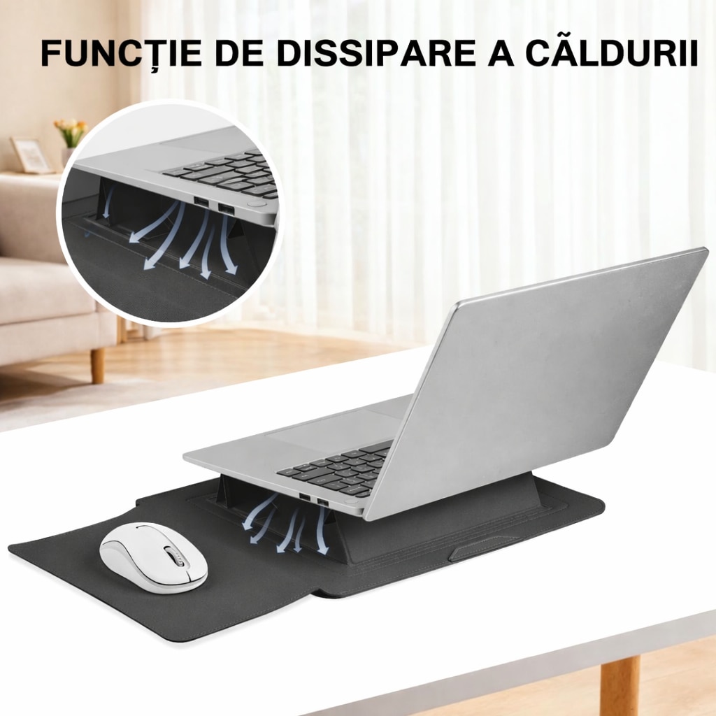 Husa Laptop 13-14 inch, oein®, 3 in 1 cu foldable stand, compatibila cu MacBook Air, MacBook Pro, Piele Ecologica, Marime Universala, 25 x 34 cm, Negru mat