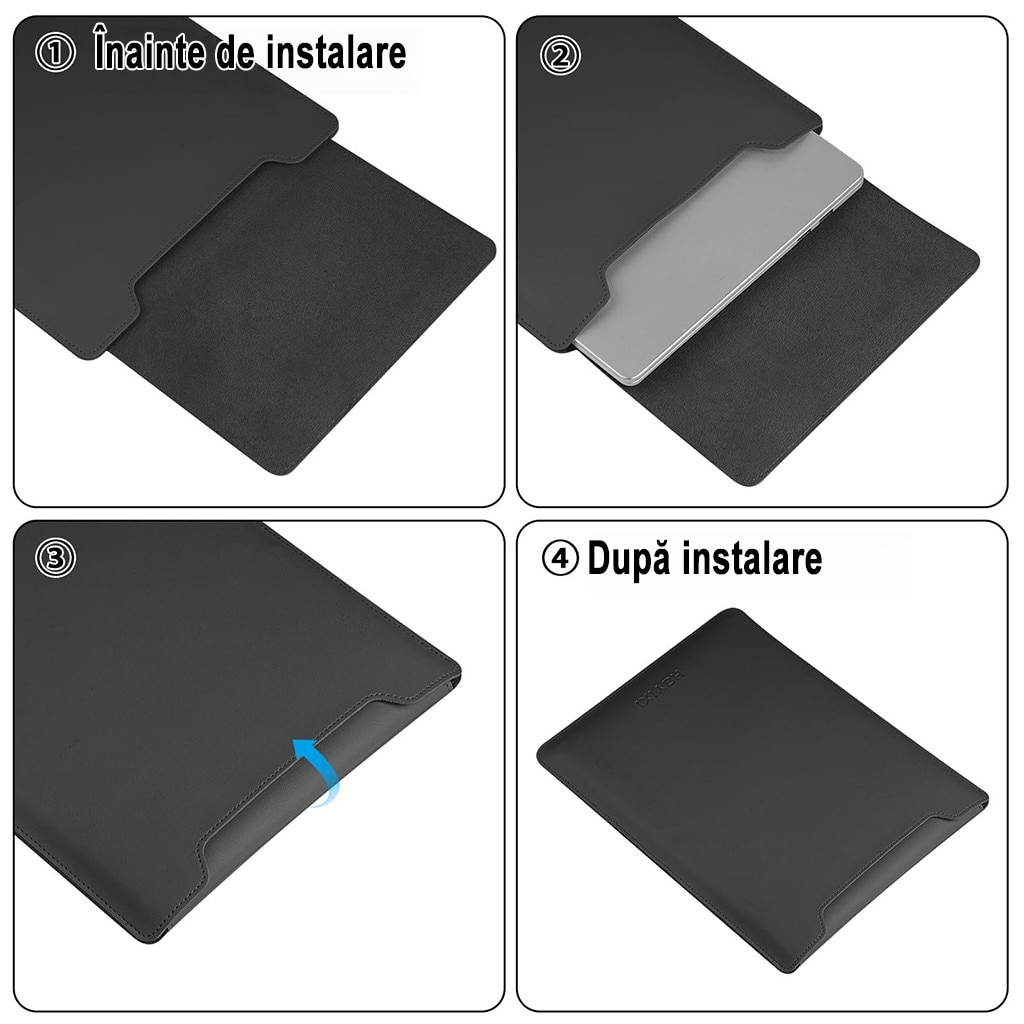 Husa Laptop 13-14 inch, oein®, 3 in 1 cu foldable stand, compatibila cu MacBook Air, MacBook Pro, Piele Ecologica, Marime Universala, 25 x 34 cm, Negru mat