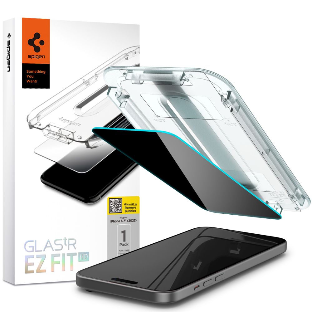 Folie sticla cu sistem de montare Case friendly Spigen GLAStR EZ FIT compatibila cu iPhone 15 Pro Privacy