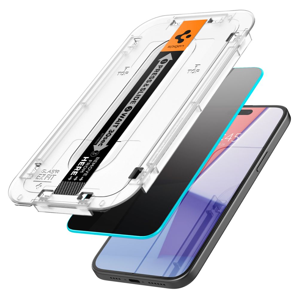 Folie sticla cu sistem de montare Case friendly Spigen GLAStR EZ FIT compatibila cu iPhone 15 Pro Privacy