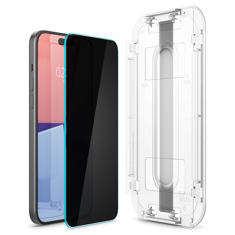 Folie sticla cu sistem de montare Case friendly Spigen GLAStR EZ FIT compatibila cu iPhone 15 Pro Privacy