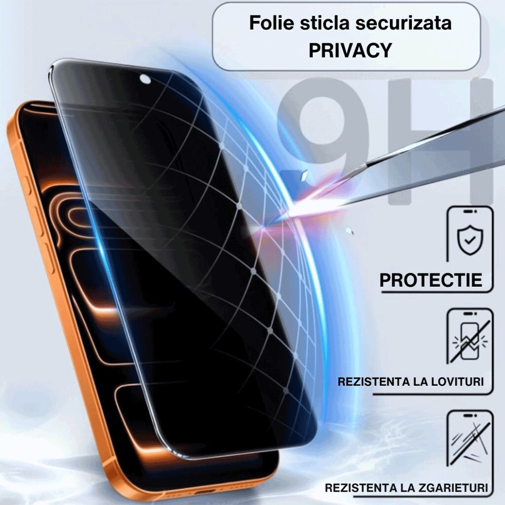 Folie de Protecție Privacy Glass, Tempered Glass, Neagră, 9H, pentru iPhone 17 Pro Max