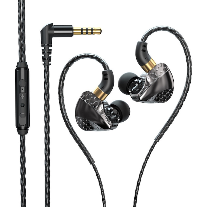 Casti cu fir, in-ear, microfon, control volum, 3.5mm Jack, 1.2 metri, sunet HiFi, negru