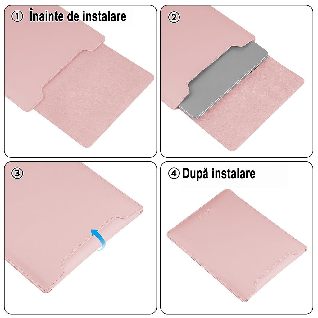 Husa Laptop 13-14 inch, oein®, 3 in 1 cu foldable stand, compatibila cu MacBook Air, MacBook Pro, Piele Ecologica, Marime Universala, 34 x 25 cm, Pudra (roz pal)