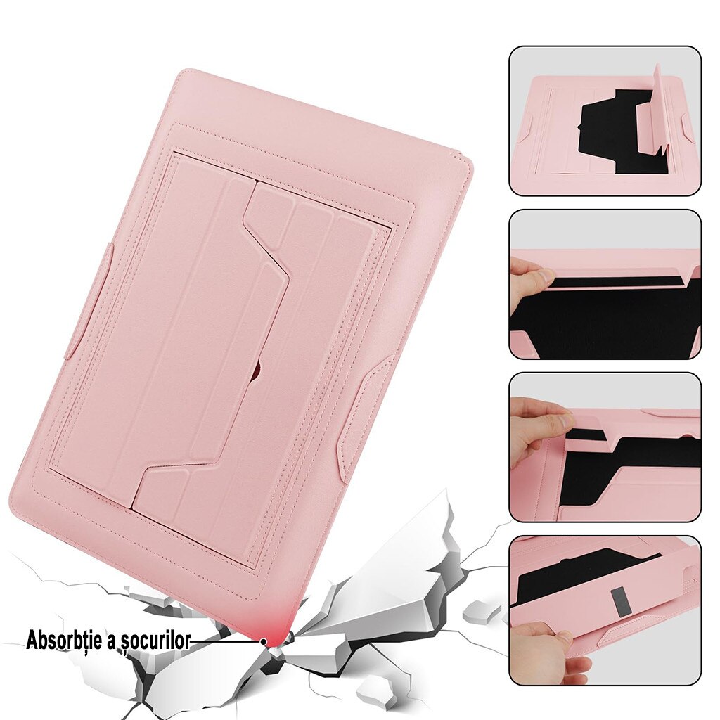 Husa Laptop 13-14 inch, oein®, 3 in 1 cu foldable stand, compatibila cu MacBook Air, MacBook Pro, Piele Ecologica, Marime Universala, 34 x 25 cm, Pudra (roz pal)
