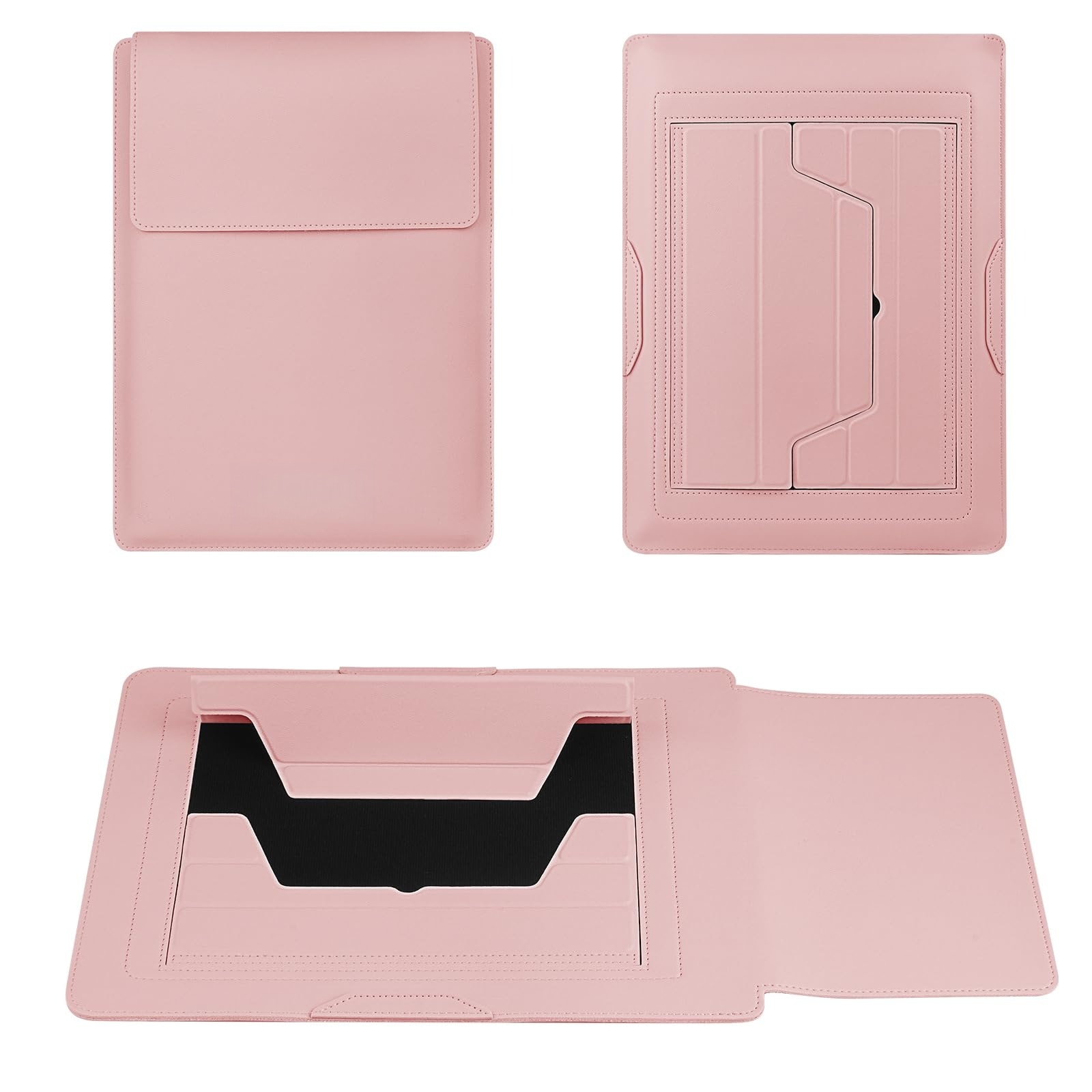 Husa Laptop 13-14 inch, oein®, 3 in 1 cu foldable stand, compatibila cu MacBook Air, MacBook Pro, Piele Ecologica, Marime Universala, 34 x 25 cm, Pudra (roz pal)