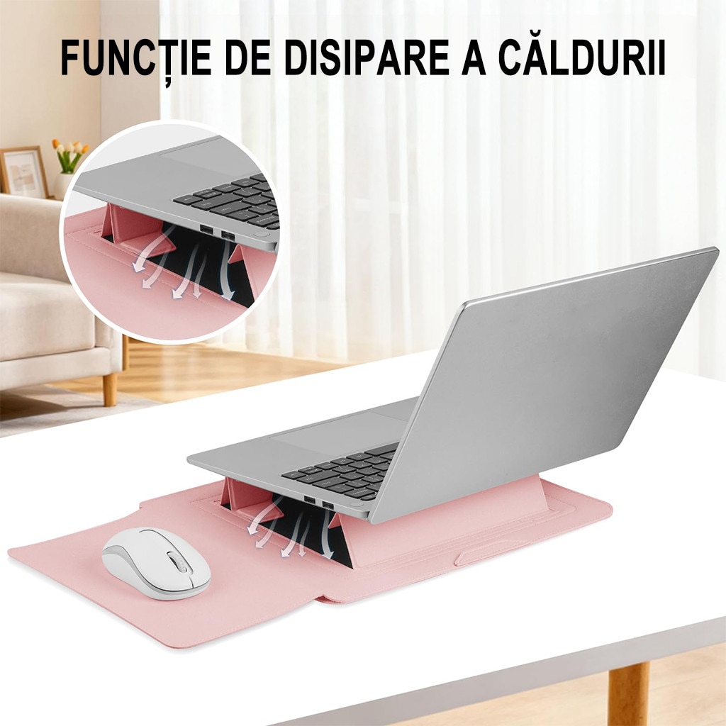 Husa Laptop 13-14 inch, oein®, 3 in 1 cu foldable stand, compatibila cu MacBook Air, MacBook Pro, Piele Ecologica, Marime Universala, 34 x 25 cm, Pudra (roz pal)