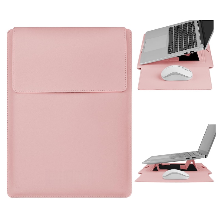 Husa Laptop 13-14 inch, oein®, 3 in 1 cu foldable stand, compatibila cu MacBook Air, MacBook Pro, Piele Ecologica, Marime Universala, 34 x 25 cm, Pudra (roz pal)