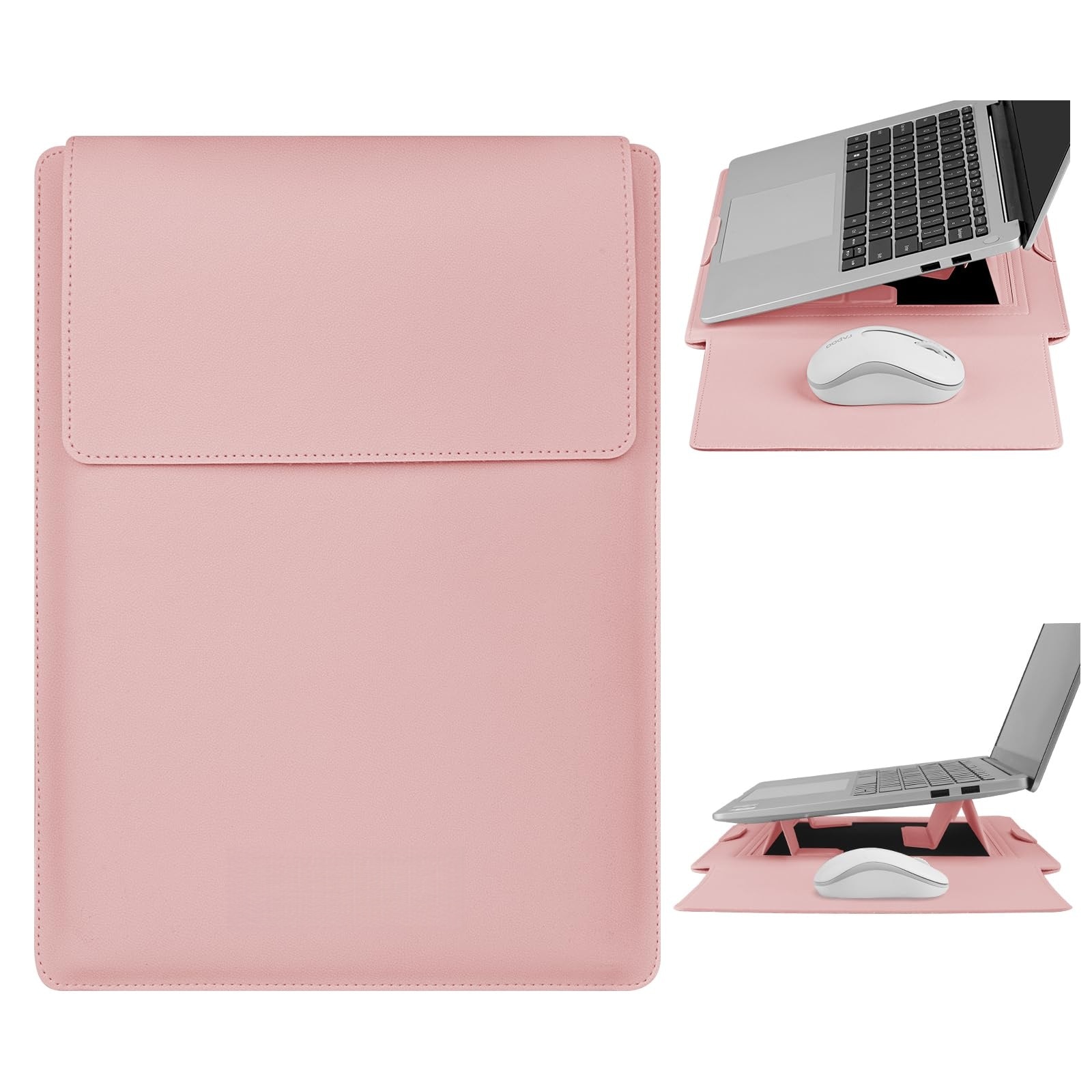Husa Laptop 13-14 inch, oein®, 3 in 1 cu foldable stand, compatibila cu MacBook Air, MacBook Pro, Piele Ecologica, Marime Universala, 34 x 25 cm, Pudra (roz pal)