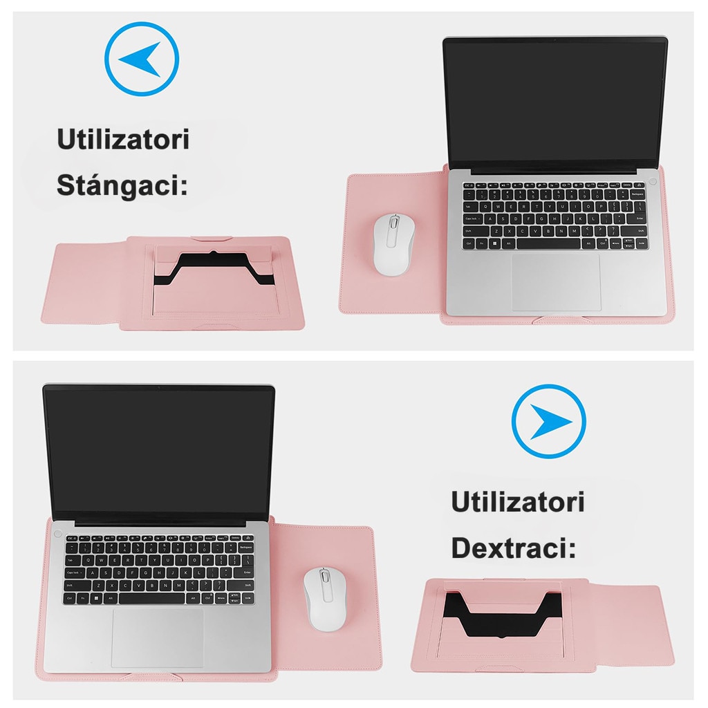 Husa Laptop 13-14 inch, oein®, 3 in 1 cu foldable stand, compatibila cu MacBook Air, MacBook Pro, Piele Ecologica, Marime Universala, 34 x 25 cm, Pudra (roz pal)
