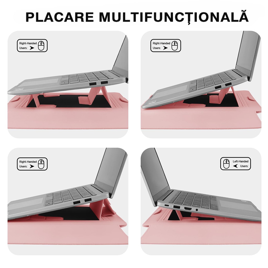 Husa Laptop 13-14 inch, oein®, 3 in 1 cu foldable stand, compatibila cu MacBook Air, MacBook Pro, Piele Ecologica, Marime Universala, 34 x 25 cm, Pudra (roz pal)