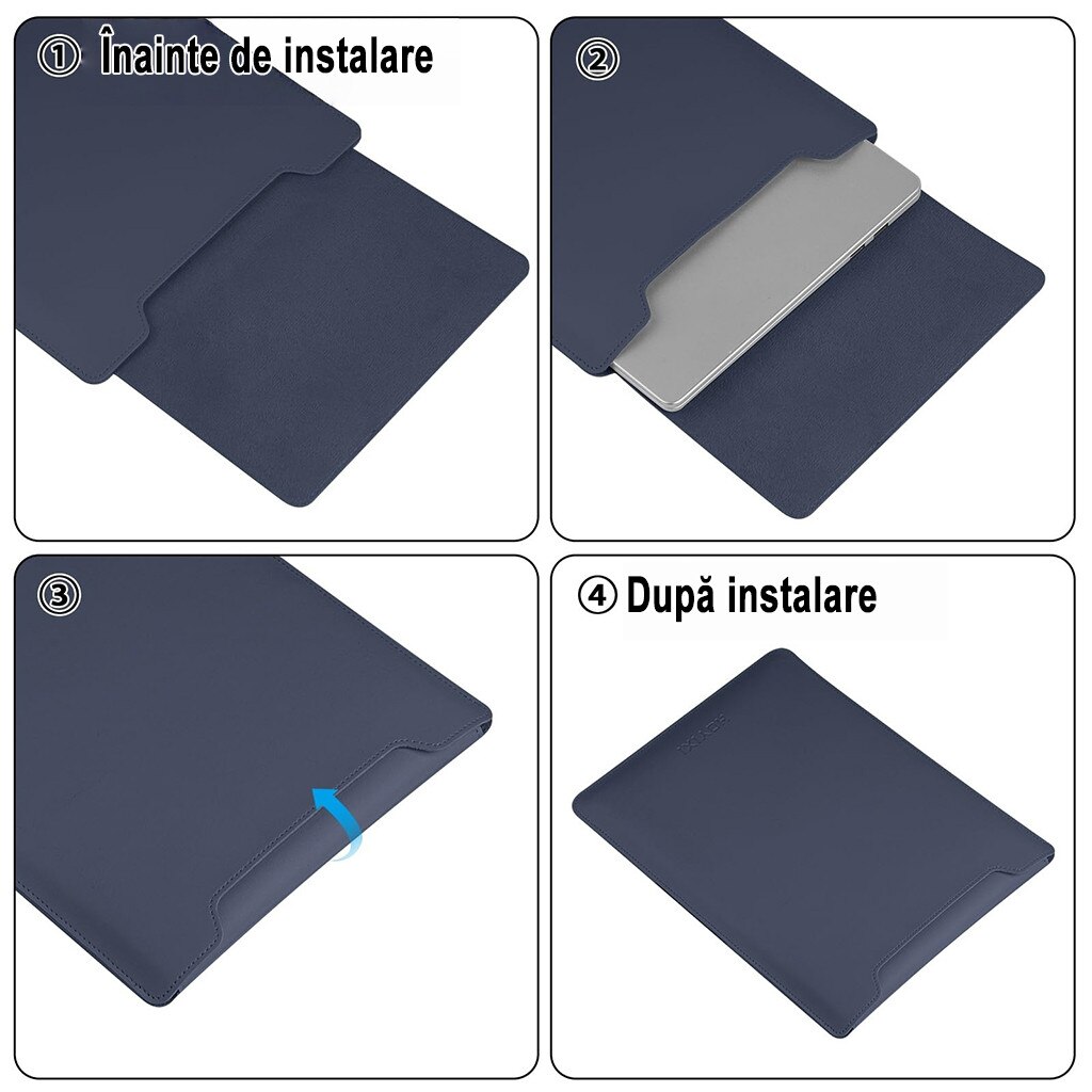 Husa Laptop 13-14 inch, oein®, 3 in 1 cu foldable stand, compatibila cu MacBook Air, MacBook Pro, Piele Ecologica, Marime Universala, 34 x 25 cm, Albastru inchis