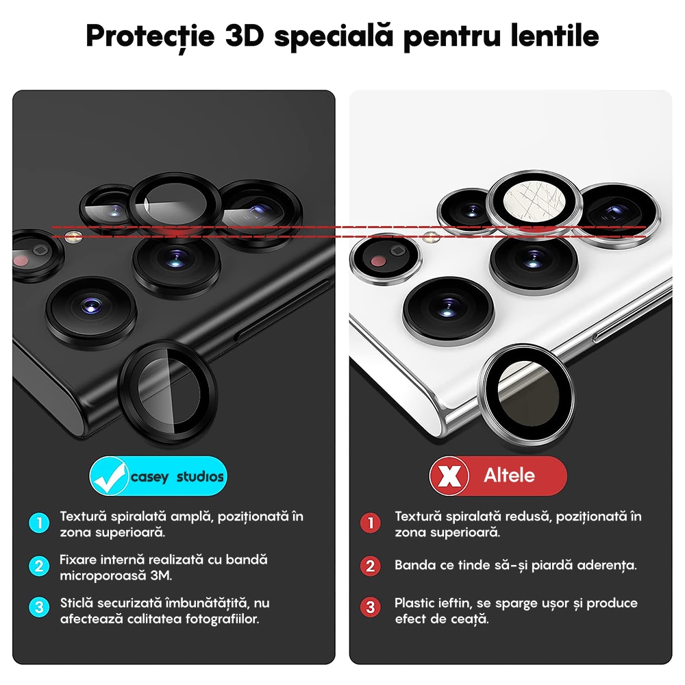 Folie Protectie Lentile Camera compatibila cu Samsung Galaxy S23 Ultra, CASEY STUDIOS™ MaxDefense+, Ultra HD, Anti Amprente, Anti Zgarieturi, Anti Socuri, Negru
