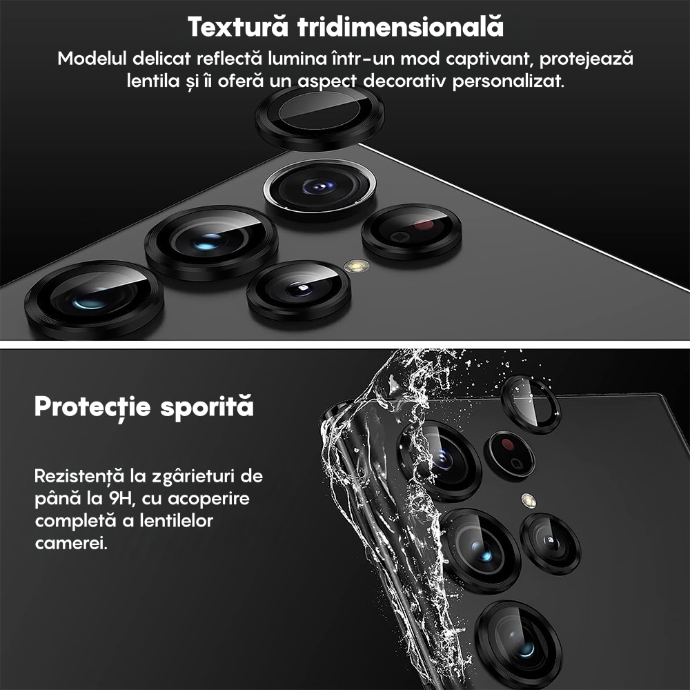 Folie Protectie Lentile Camera compatibila cu Samsung Galaxy S23 Ultra, CASEY STUDIOS™ MaxDefense+, Ultra HD, Anti Amprente, Anti Zgarieturi, Anti Socuri, Negru