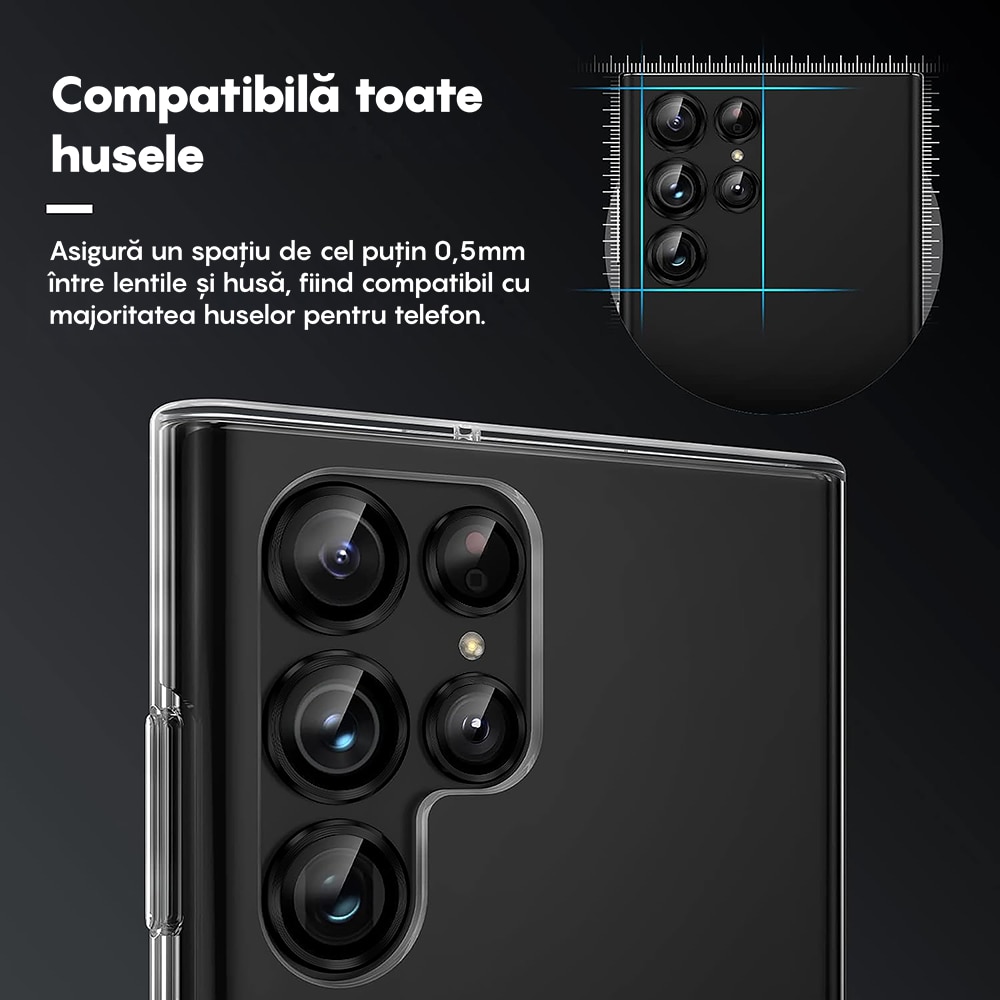 Folie Protectie Lentile Camera compatibila cu Samsung Galaxy S23 Ultra, CASEY STUDIOS™ MaxDefense+, Ultra HD, Anti Amprente, Anti Zgarieturi, Anti Socuri, Negru
