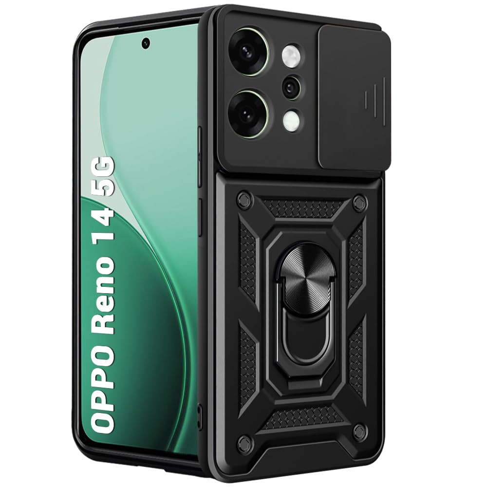Husa pentru Oppo Reno 14 5G Ring Armor Kickstand Tough Rugged Cover cu protectie camera Negru