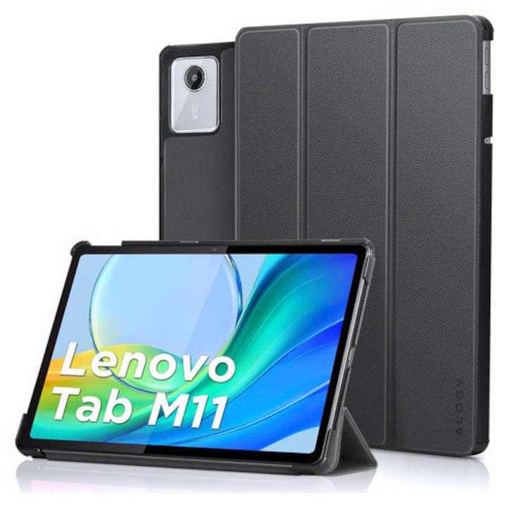 Etui pentru tableta Alogy Book Cover Case, gri, cu functie Sleep/Wake Up, set cu sticla si stylus, pentru Lenovo Tab K11 / K11E 11" si M11 10.95"