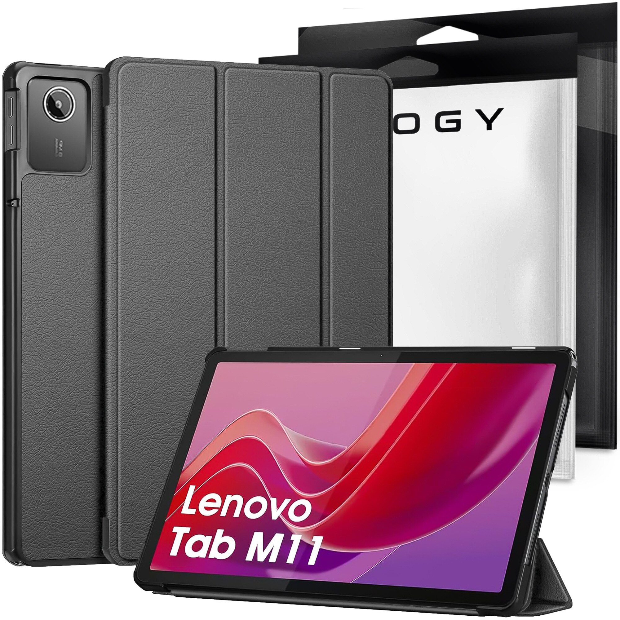 Etui pentru tableta Alogy Book Cover Case, gri, cu functie Sleep/Wake Up, set cu sticla si stylus, pentru Lenovo Tab K11 / K11E 11" si M11 10.95"