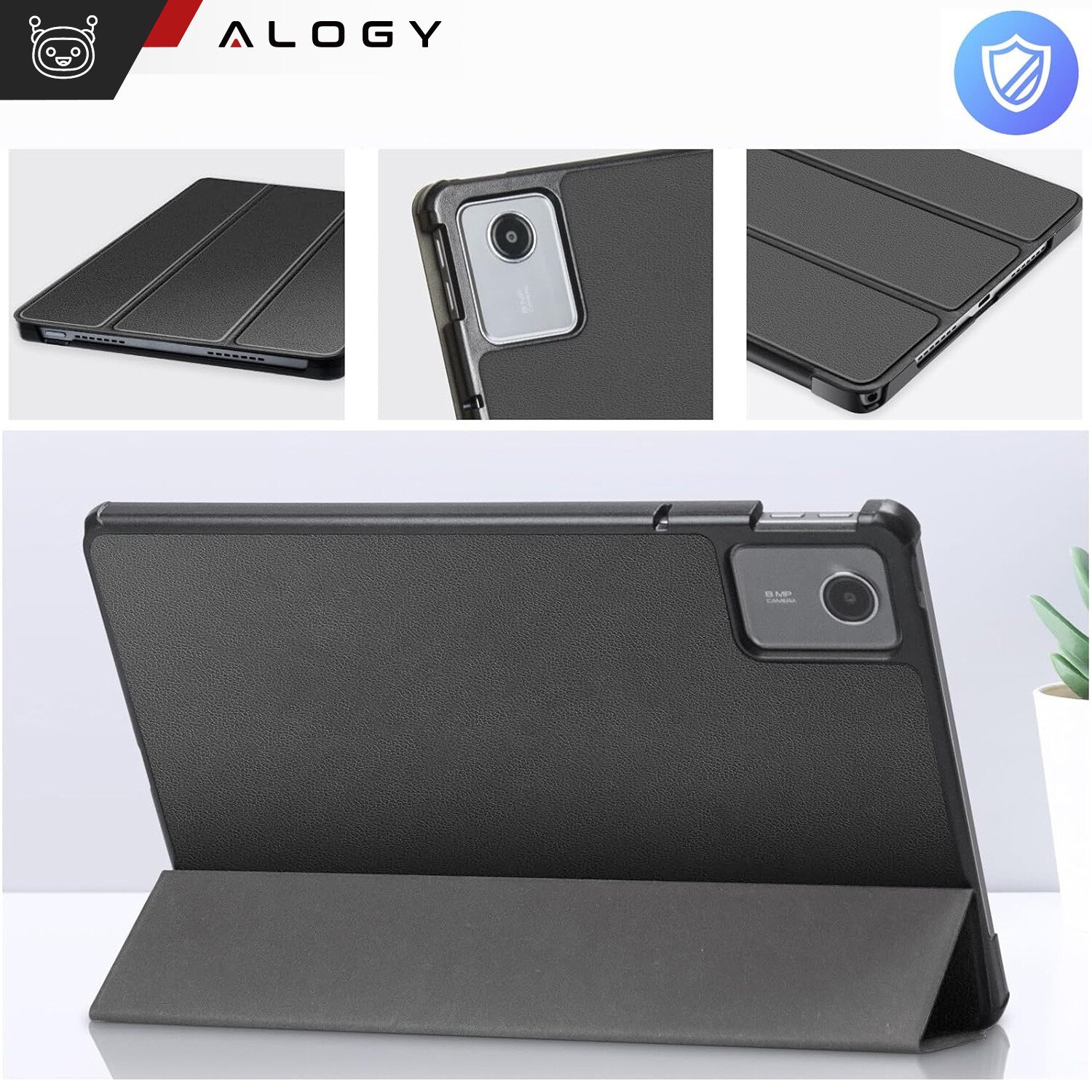 Etui pentru tableta Alogy Book Cover Case, gri, cu functie Sleep/Wake Up, set cu sticla si stylus, pentru Lenovo Tab K11 / K11E 11" si M11 10.95"