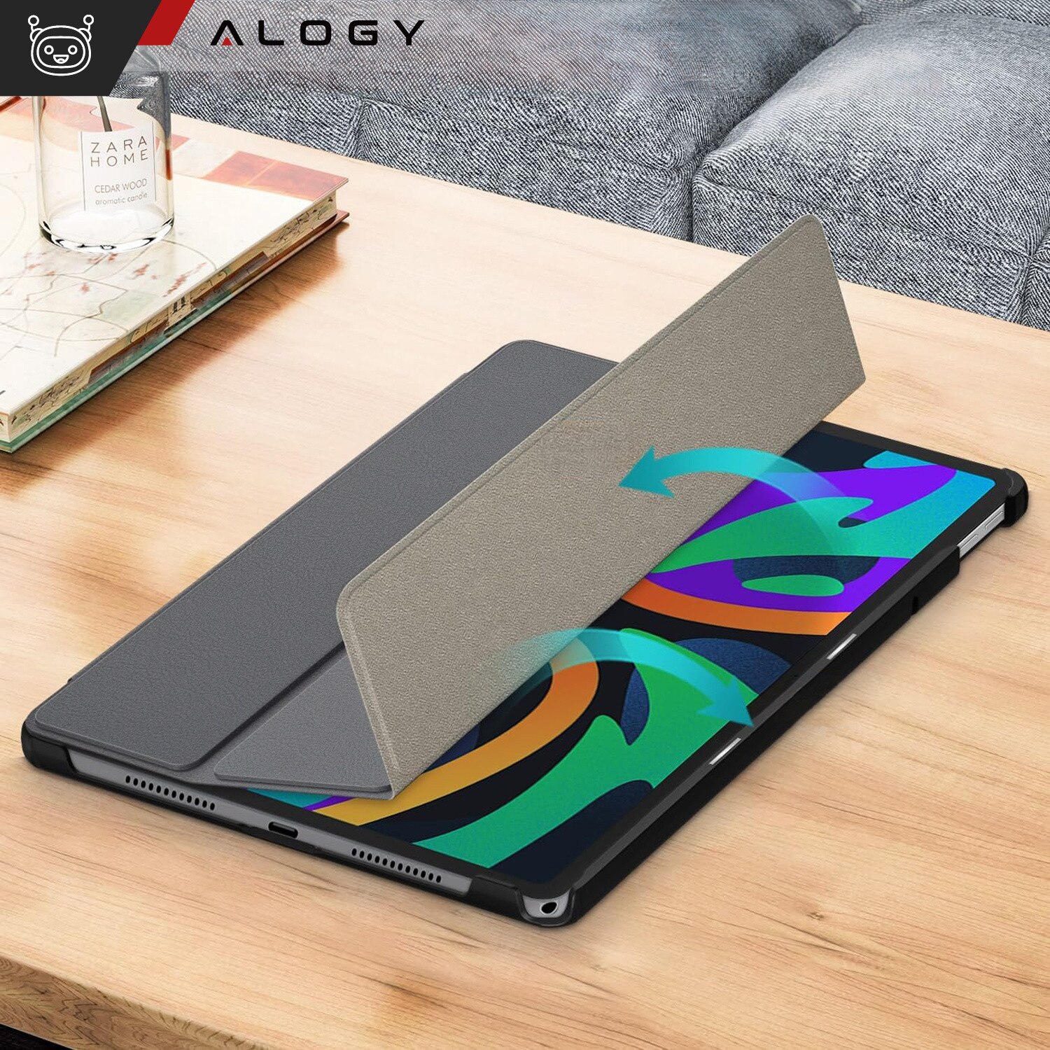 Etui pentru tableta Alogy Book Cover Case, gri, cu functie Sleep/Wake Up, set cu sticla si stylus, pentru Lenovo Tab K11 / K11E 11" si M11 10.95"