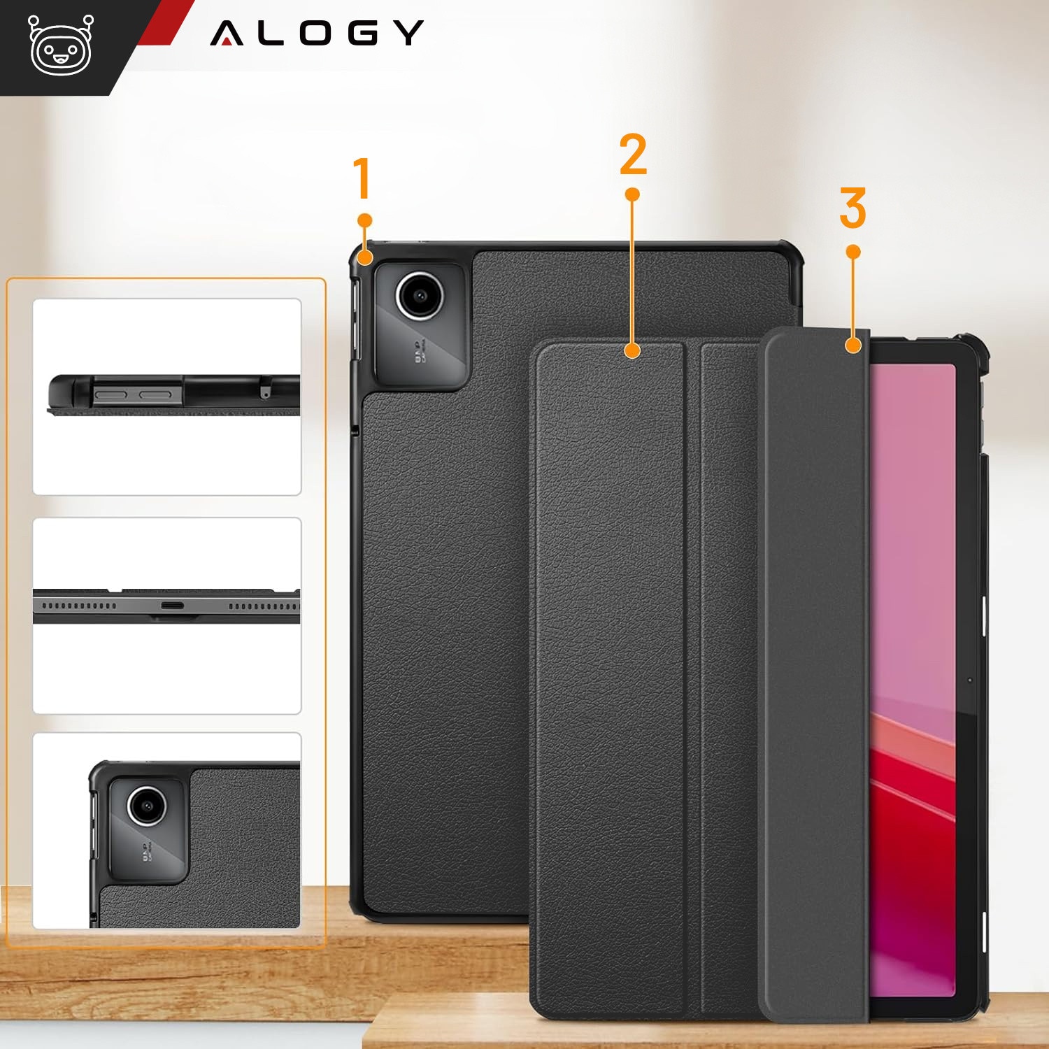 Etui pentru tableta Alogy Book Cover Case, gri, cu functie Sleep/Wake Up, set cu sticla si stylus, pentru Lenovo Tab K11 / K11E 11" si M11 10.95"