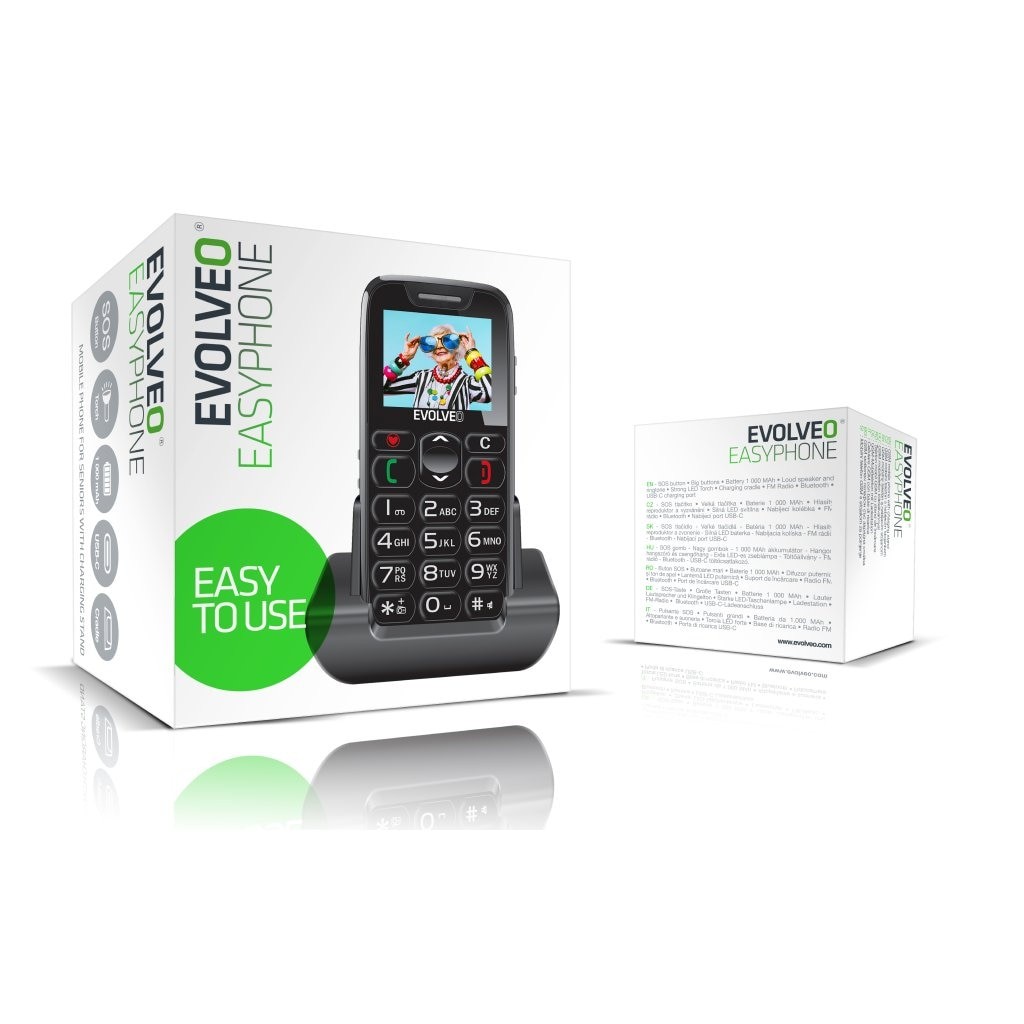EVOLVEO EasyPhone, telefon mobil pentru seniori cu suport de incarcare, negru