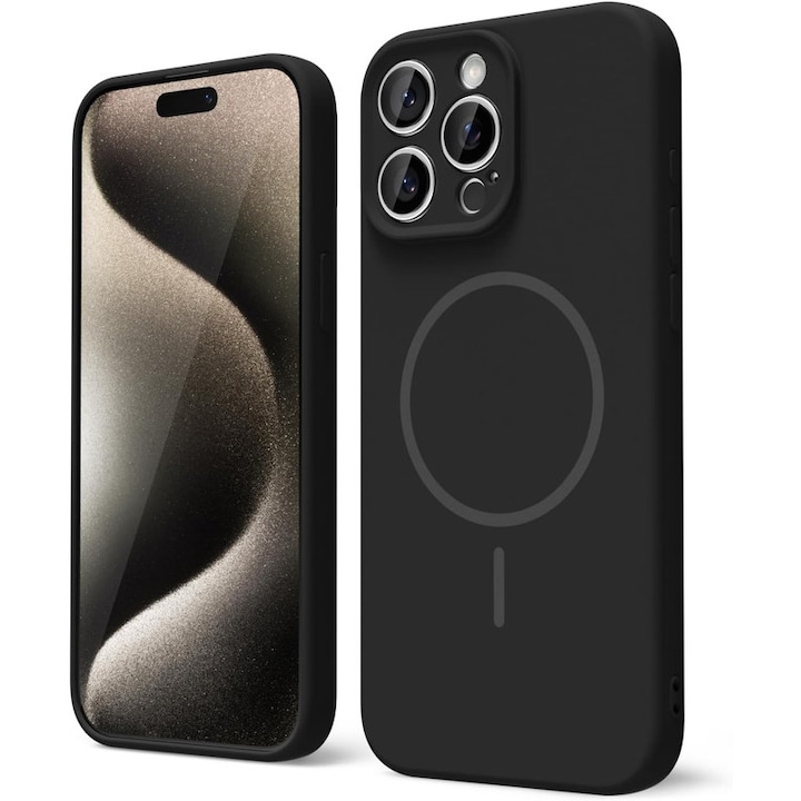 Husa Telefon din Silicon Negru, Compatibila cu MagSafe si iPhone 16 Pro Max, Rezistenta la Socuri, Prietenos cu Pielea, Margini Ridicate pentru Protectia Ecranului si Camerelor, Suprafata Anti-amprenta, Instalare Usoara Fara Scratch