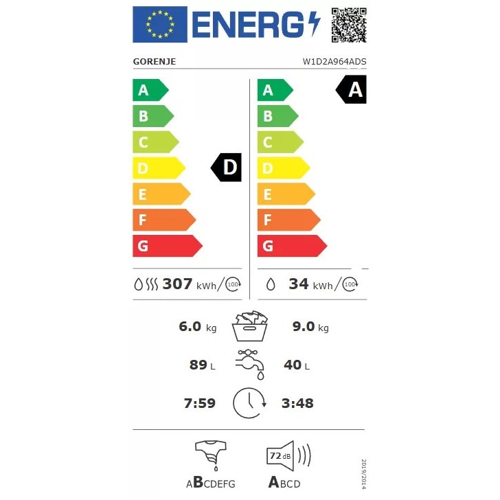 Mașină de spălat cu uscător Gorenje W1D2A964ADS, Capacitate spălare: 9 kg, Capacitate uscare: 6 kg, Display LED, Alb