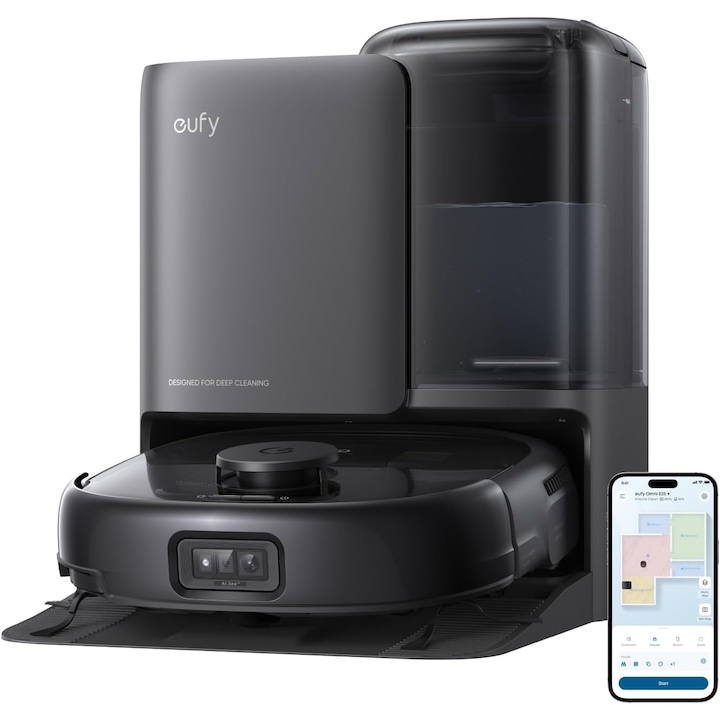 Aspirator robot eufy E25 Omni cu mop, sistem 20, 000 Pa, sistem HydroJet, statie All-in-one Negru